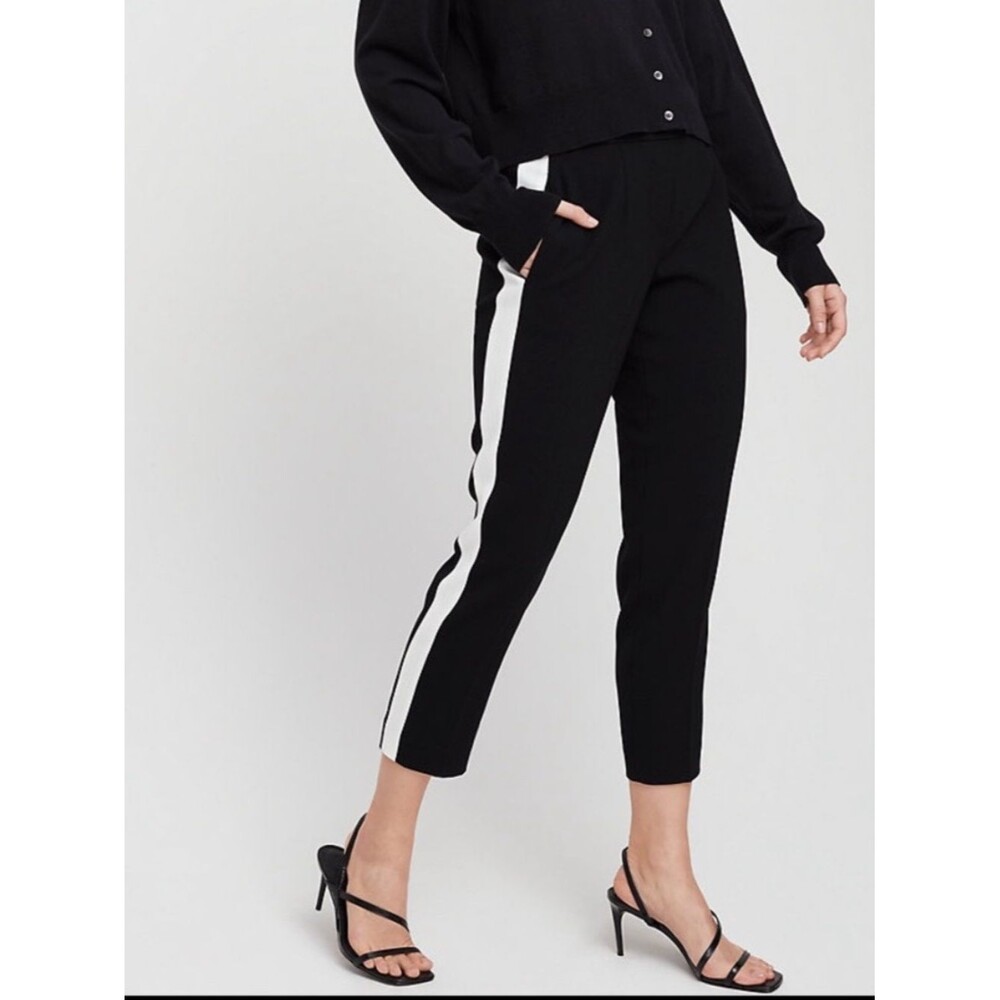 Aritzia Babaton Black Straight-Leg Ankle Pants with White Side Stripes